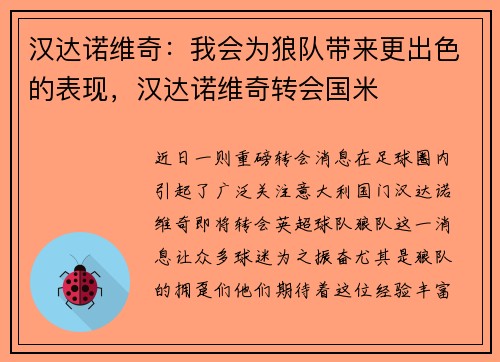 汉达诺维奇：我会为狼队带来更出色的表现，汉达诺维奇转会国米