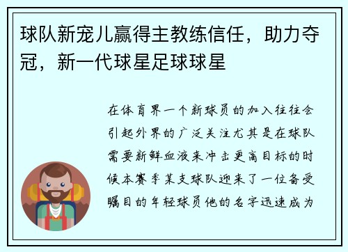 球队新宠儿赢得主教练信任，助力夺冠，新一代球星足球球星