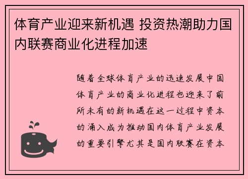 体育产业迎来新机遇 投资热潮助力国内联赛商业化进程加速