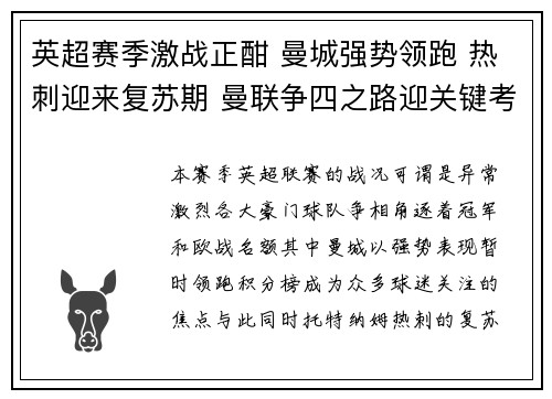英超赛季激战正酣 曼城强势领跑 热刺迎来复苏期 曼联争四之路迎关键考验